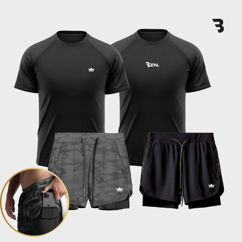 - Kit Campeão: 2 Shorts Dry-Fit™ de Compressão + 2 Camisetas Tech DryFit™ BZN + Brinde